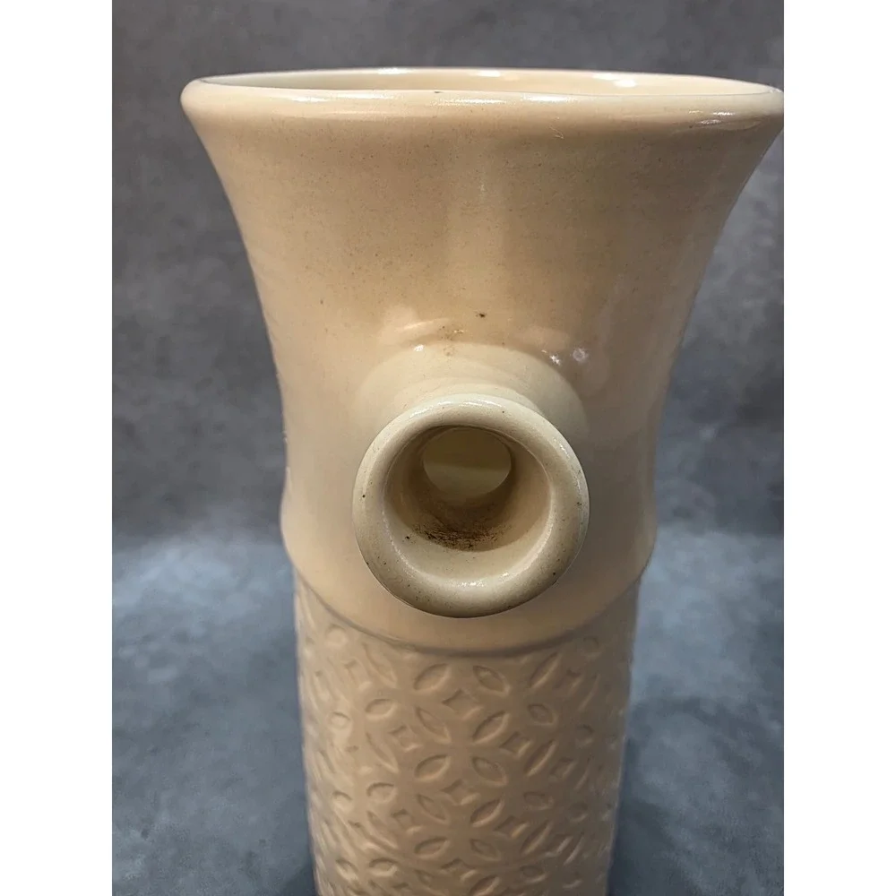 Handmade Studio Pottery Ceramic Pitcher with Lid Cream Geometric Embossed 13.5in